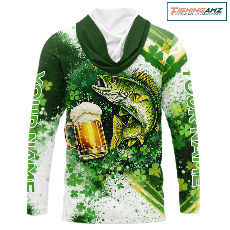 St Patrick Day Walleye Mens Long Sleeve Hooded Fishing Shirts UV Protetion, Walleye Fishing Shirts NBT384