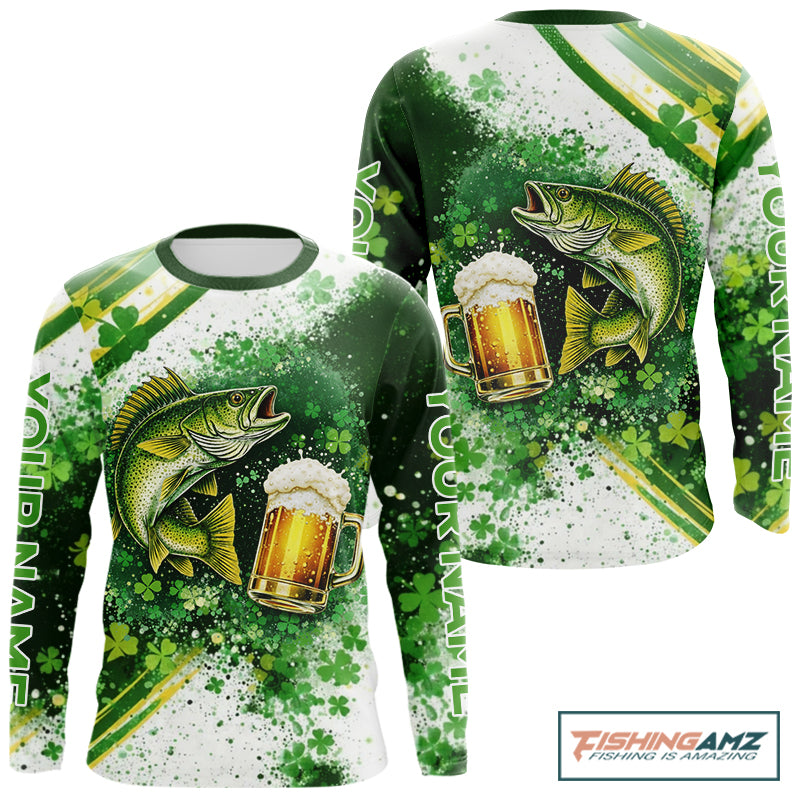 St Patrick Day Walleye Mens Long Sleeve Fishing Shirts UV Protetion, Walleye Fishing Shirts NBT384