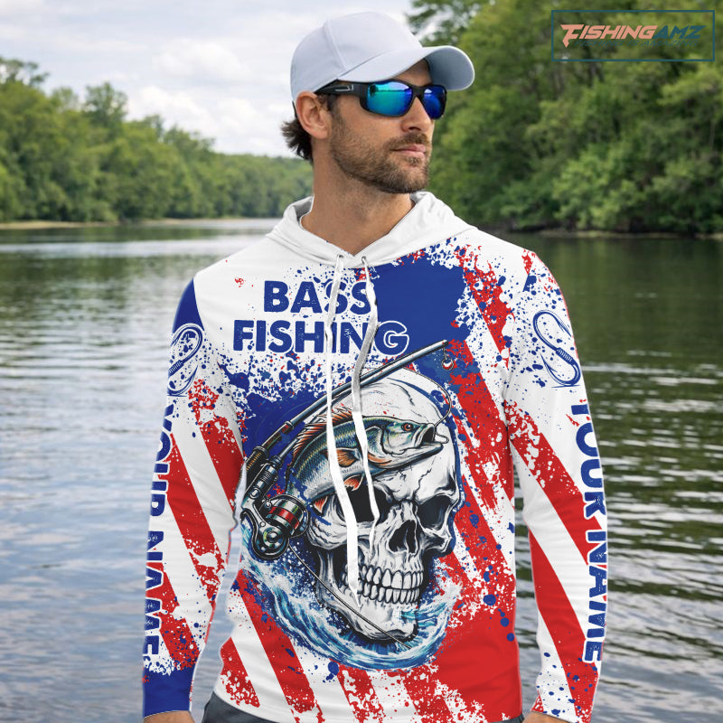 Custom American Flag Fishing Shirts Largemouth Bass Fishing Long Sleeve with Hood, Bass Fishing Shirts For Men NBT385