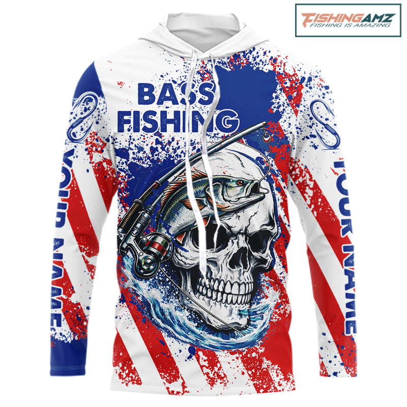 Custom American Flag Fishing Shirts Largemouth Bass Fishing Long Sleeve with Hood, Bass Fishing Shirts For Men NBT385