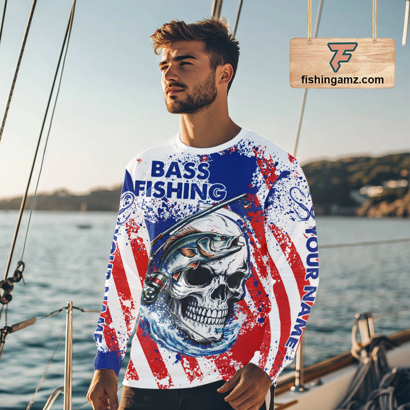 Custom American Flag Fishing Shirts Largemouth Bass Fishing Long Sleeve, Bass Fishing Shirts For Men NBT385