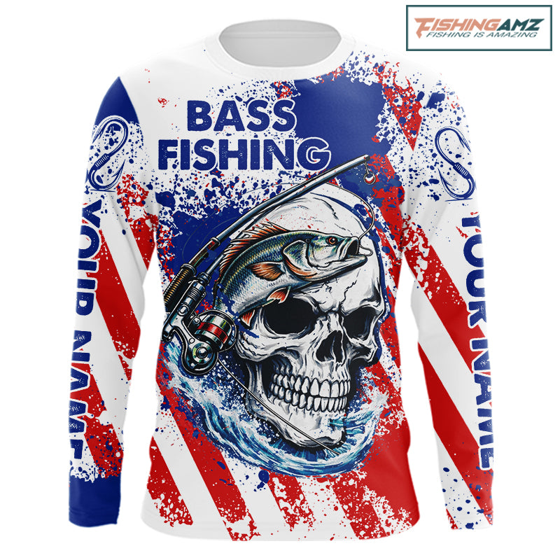 Custom American Flag Fishing Shirts Largemouth Bass Fishing Long Sleeve, Bass Fishing Shirts For Men NBT385