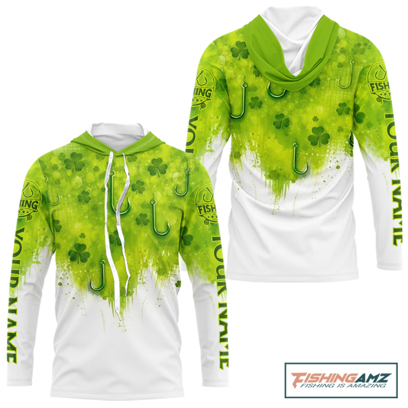 Personalized St Patrick's Day Shirts Fish Hook Long Sleeve Hooded Fishing Shirts, Mens Fishing Outfit NBT386