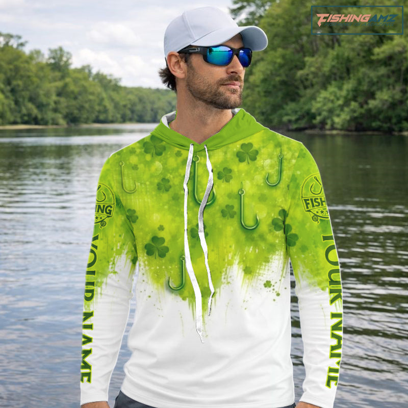 Personalized St Patrick's Day Shirts Fish Hook Long Sleeve Hooded Fishing Shirts, Mens Fishing Outfit NBT386