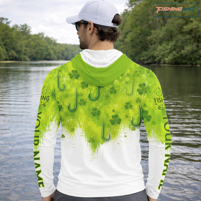 Personalized St Patrick's Day Shirts Fish Hook Long Sleeve Hooded Fishing Shirts, Mens Fishing Outfit NBT386