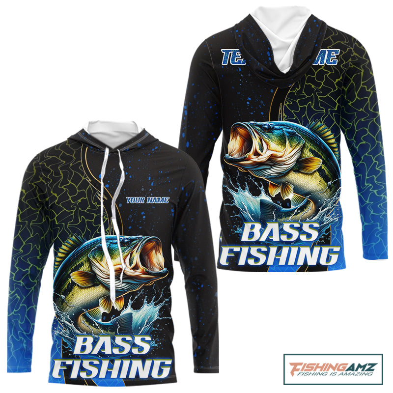 Bass Fishing Blue Flame Smoke Long Sleeve Hooded Fishing Shirts, Bass Fishing Shirt For Team NBT1016