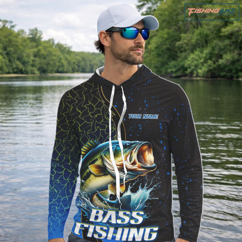 Bass Fishing Blue Flame Smoke Long Sleeve Hooded Fishing Shirts, Bass Fishing Shirt For Team NBT1016