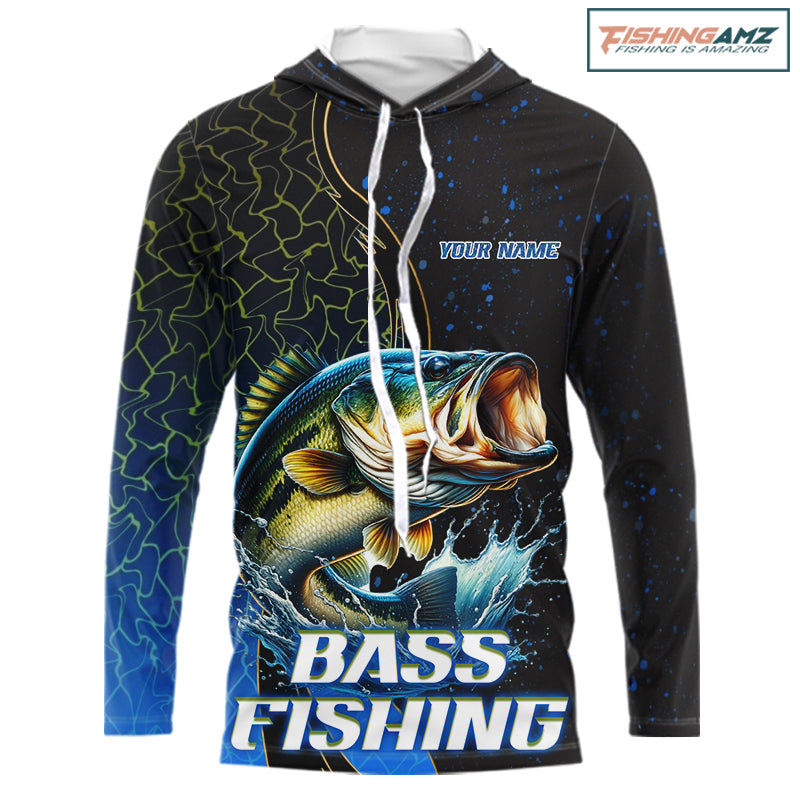 Bass Fishing Blue Flame Smoke Long Sleeve Hooded Fishing Shirts, Bass Fishing Shirt For Team NBT1016
