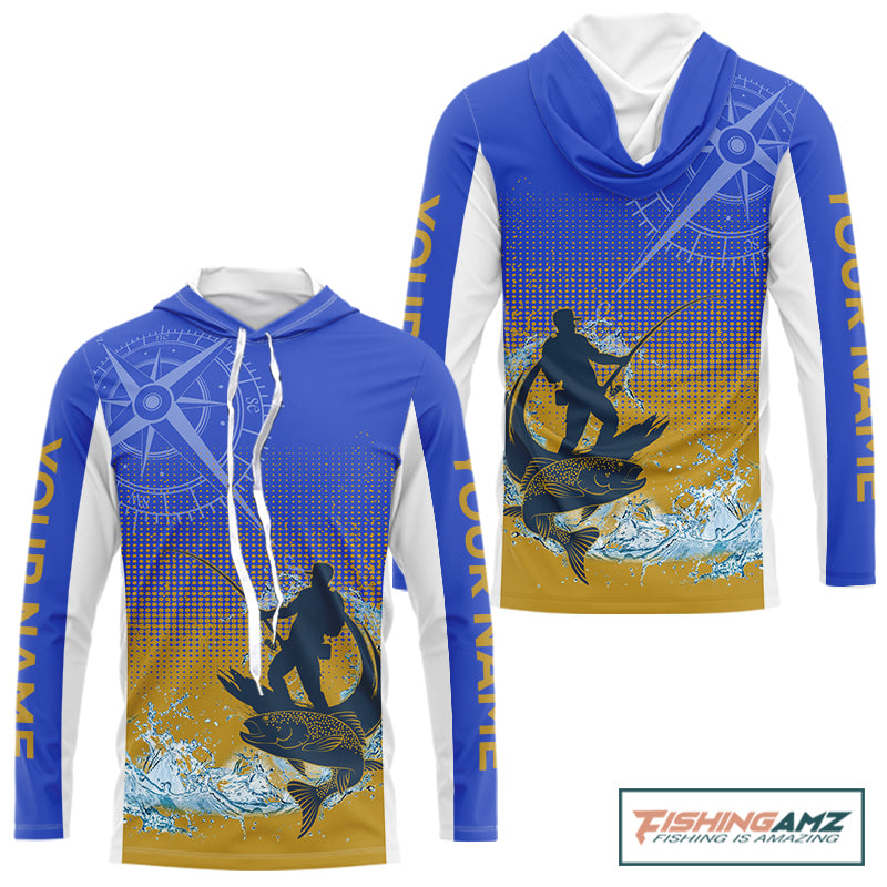 Trout Fishing Shirts Long Sleeve Hooded Fisherman Compass Blue And Yellow, Trout Fly Fishing Jerseys NBT389