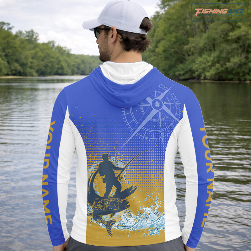 Trout Fishing Shirts Long Sleeve Hooded Fisherman Compass Blue And Yellow, Trout Fly Fishing Jerseys NBT389