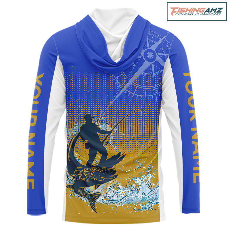 Trout Fishing Shirts Long Sleeve Hooded Fisherman Compass Blue And Yellow, Trout Fly Fishing Jerseys NBT389