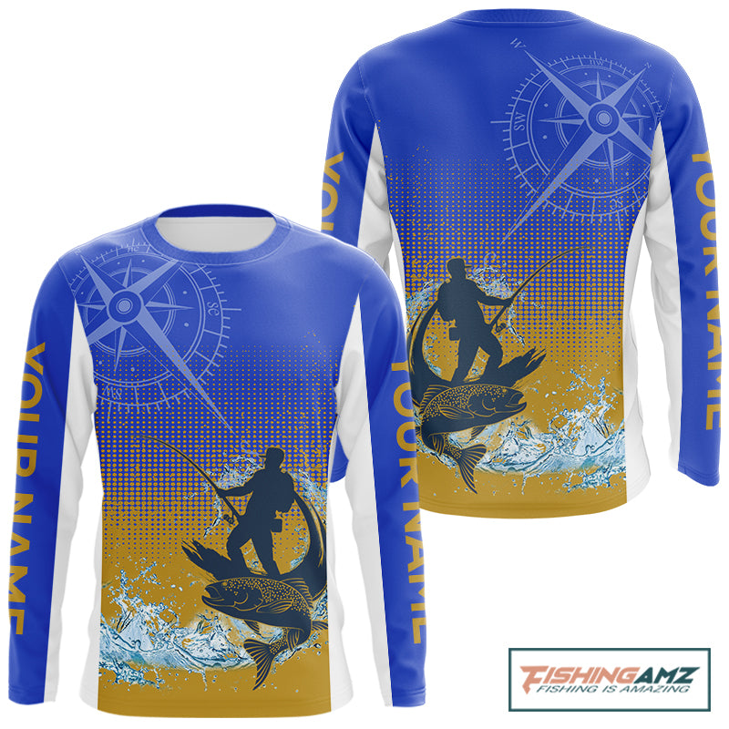Trout Fishing Shirts Long Sleeve Fisherman Compass Blue And Yellow, Trout Fly Fishing Jerseys NBT389