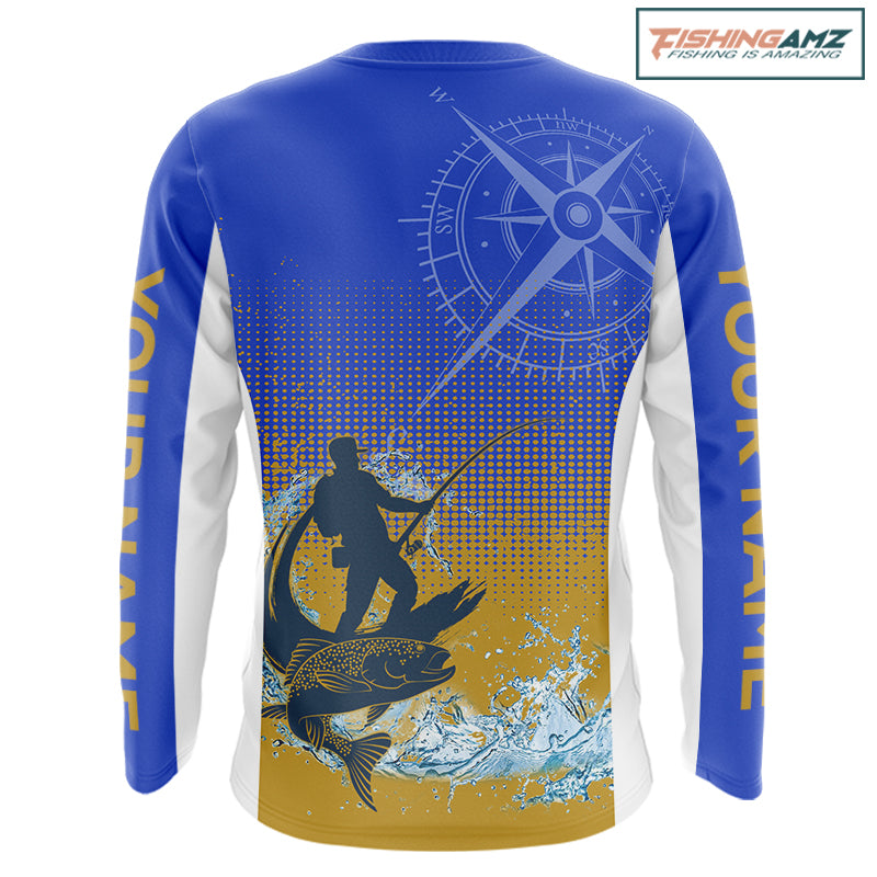 Trout Fishing Shirts Long Sleeve Fisherman Compass Blue And Yellow, Trout Fly Fishing Jerseys NBT389