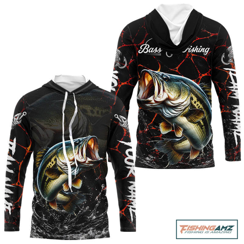 Personalized Bass Fishing Jerseys, Bass Fishing Camo Long Sleeve Hooded Fishing Tournament Shirts NBT873