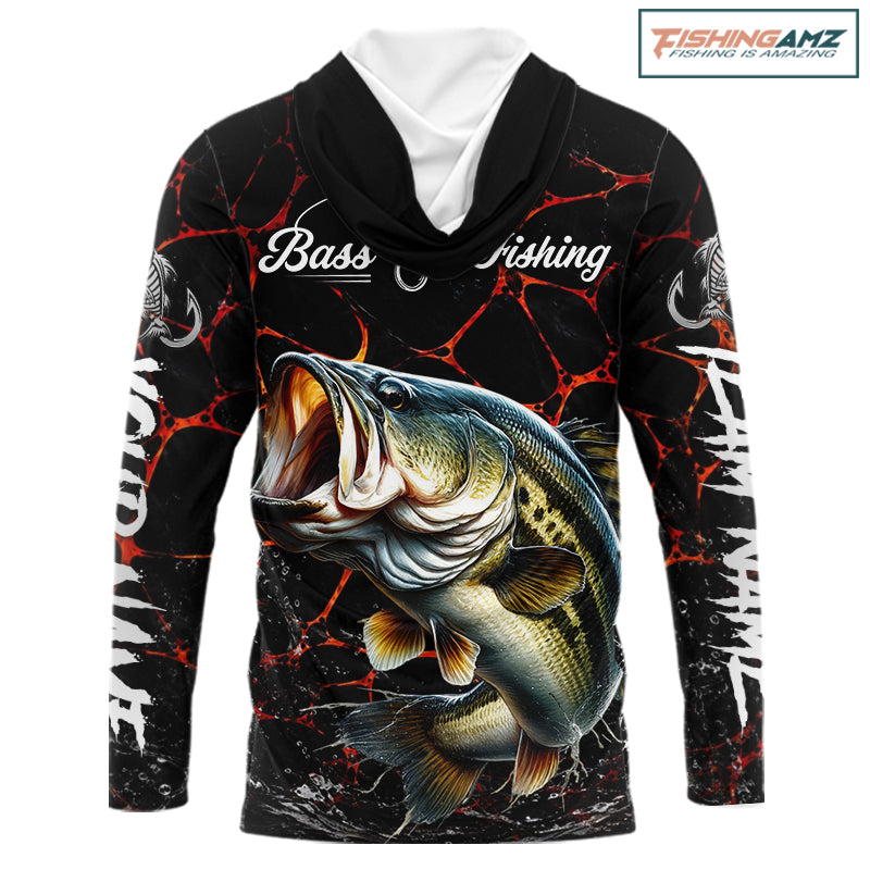 Personalized Bass Fishing Jerseys, Bass Fishing Camo Long Sleeve Hooded Fishing Tournament Shirts NBT873