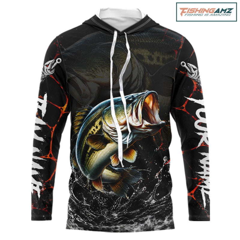 Personalized Bass Fishing Jerseys, Bass Fishing Camo Long Sleeve Hooded Fishing Tournament Shirts NBT873