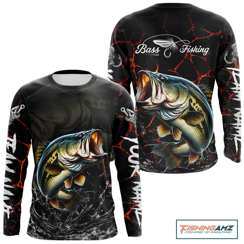 Personalized camo bass fishing shirt long sleeve with personalized name and team name on sleeves, UPF 30+