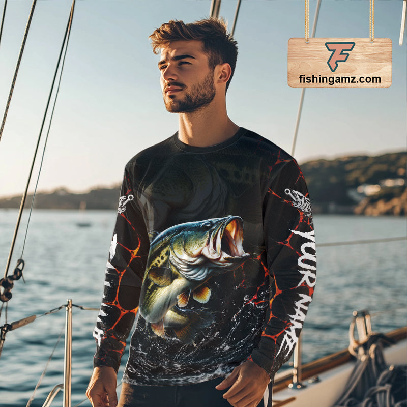 Angler wearing Camo Bass Fishing Shirt Long Sleeve standing on the boat