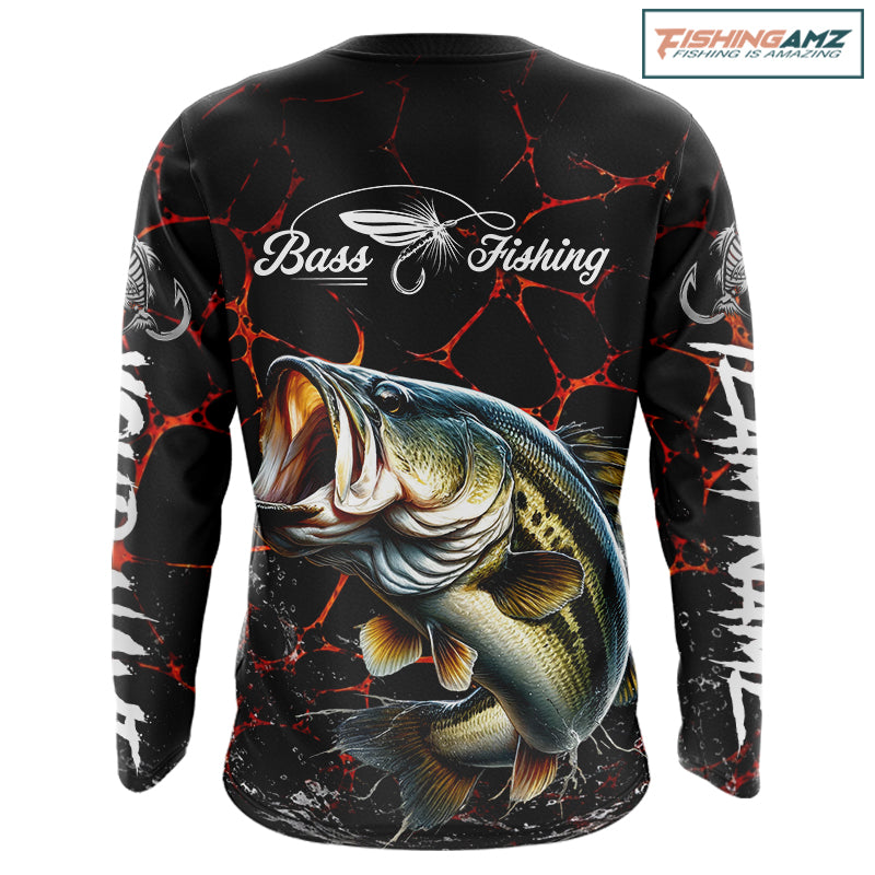 Back view of personalized camo bass fishing shirt long sleeve with personalized name and team name on sleeves