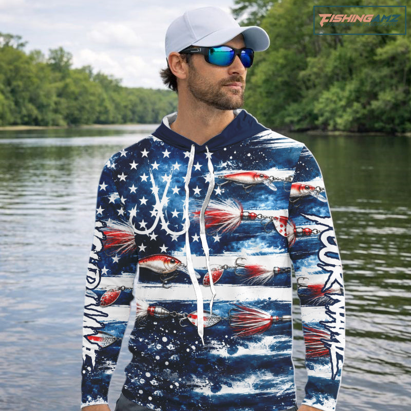 Fishing Lure American Flag Custom Long Sleeve Hooded Performance Fishing Shirts, Team Fishing Jerseys NBT940