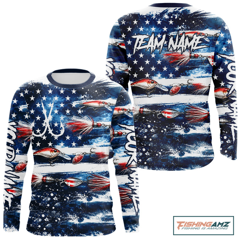 Fishing Lure American Flag Custom Long Sleeve Performance Fishing Shirts, Team Fishing Jerseys NBT940