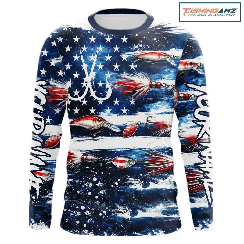 Fishing Lure American Flag Custom Long Sleeve Performance Fishing Shirts, Team Fishing Jerseys NBT940