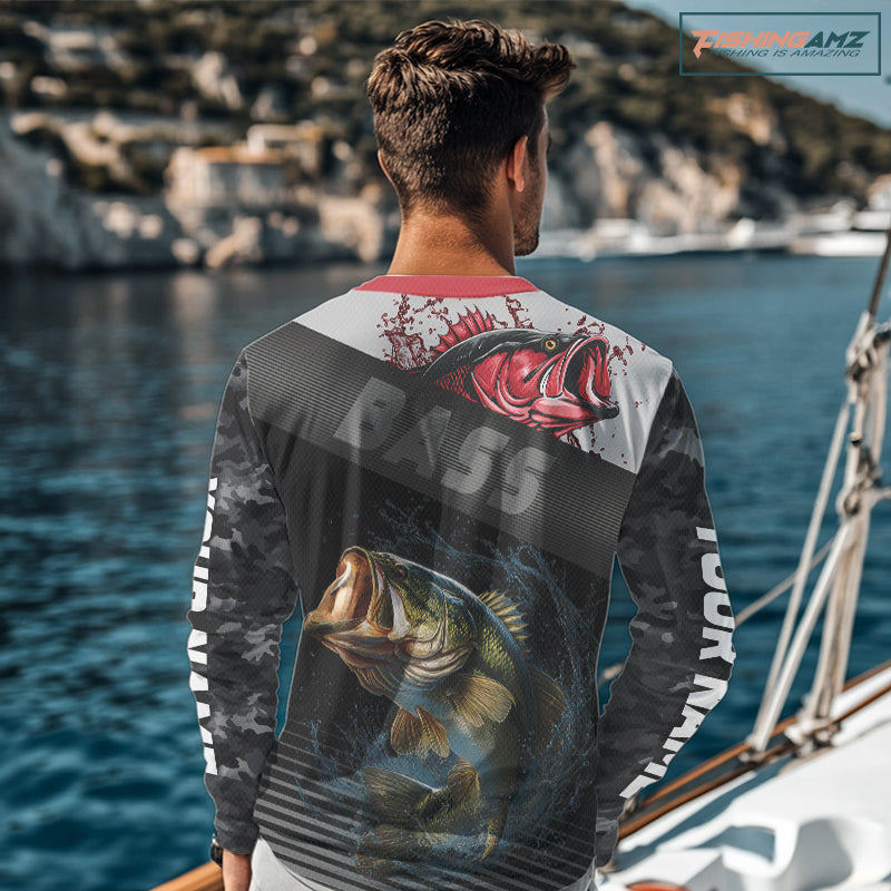 back view of custom bass UPF fishing shirt with long sleeves