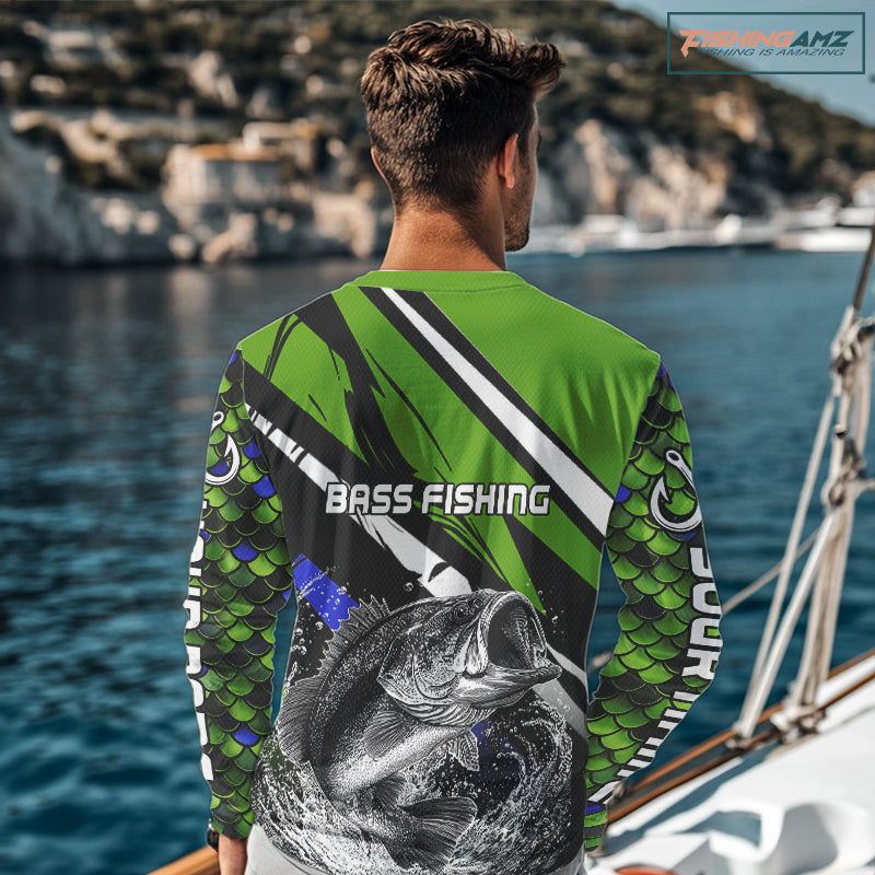 Personalized Green Fish Scale Bass Fishing Jumping Jersey, Custom Performance Bass Shirt NBT346