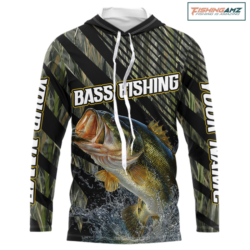 Personalized Reed Camo Bass Fishing Long Sleeve Shirts, Custom Bass Tournament Jerseys|Green NBT347