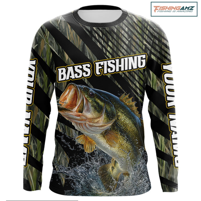 Personalized Reed Camo Bass Fishing Long Sleeve Shirts, Custom Bass Tournament Jerseys|Green NBT347
