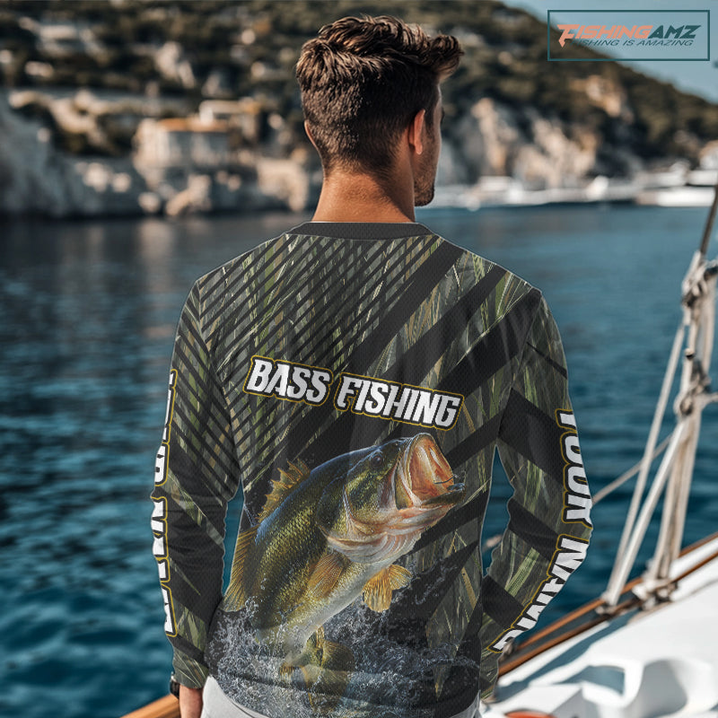 Personalized Reed Camo Bass Fishing Long Sleeve Shirts, Custom Bass Tournament Jerseys|Green NBT347