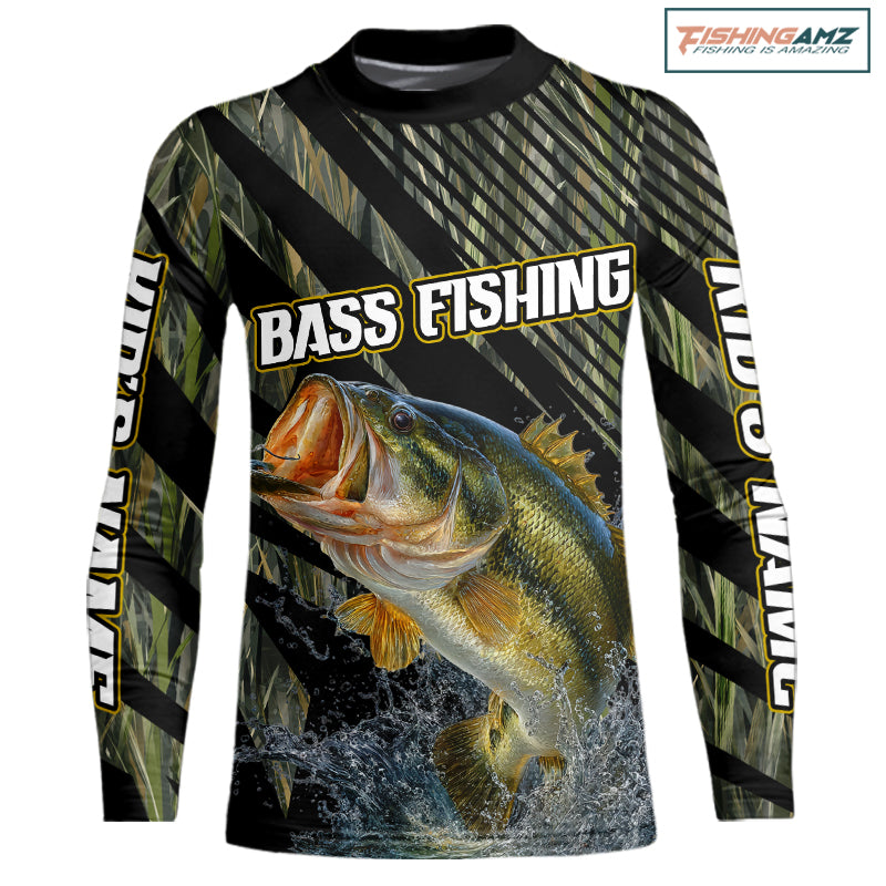 Personalized Bass Hooded Youth Fishing Shirts Grass Camo Shirts, Custom Bass Tournament Jerseys|Green NBT348