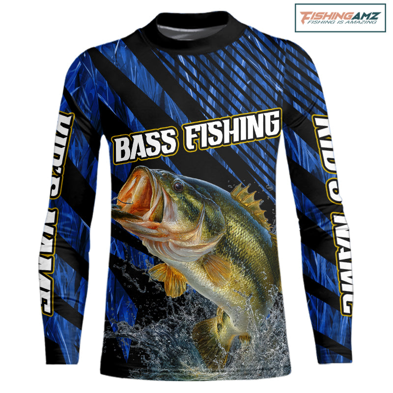 Personalized Bass Hooded Youth Fishing Shirts Grass Camo Shirts, Custom Bass Tournament Jerseys|Blue NBT348