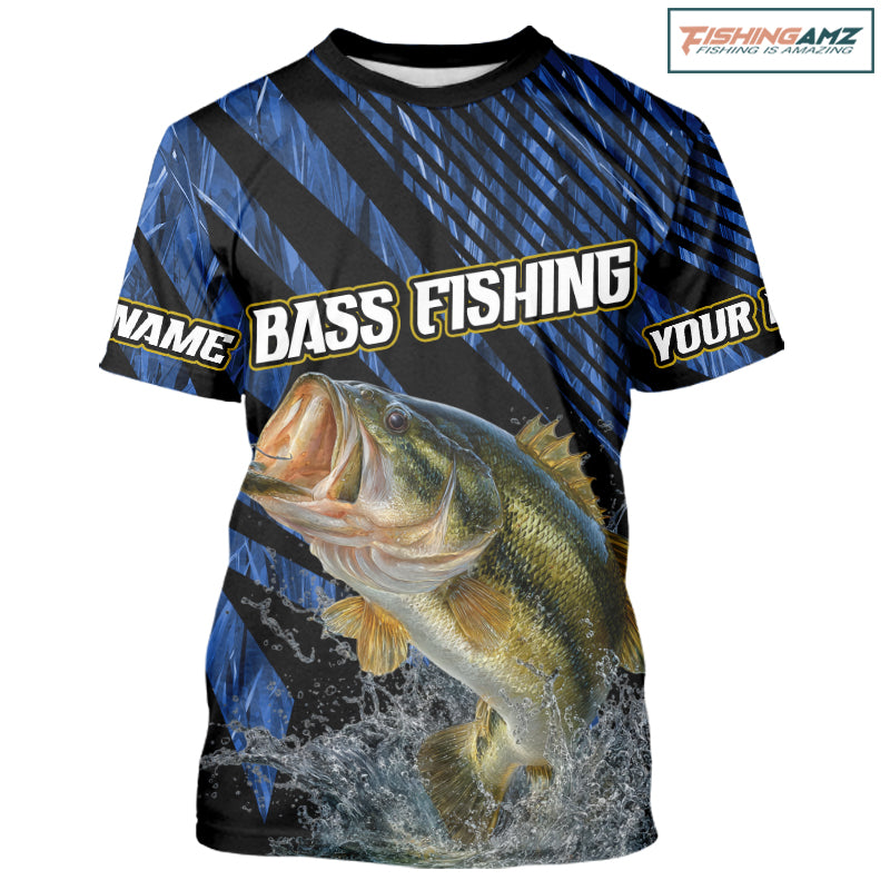 Personalized Bass Fishing Grass Camo Shirts, Custom Bass Tournament Jerseys|Blue NBT347