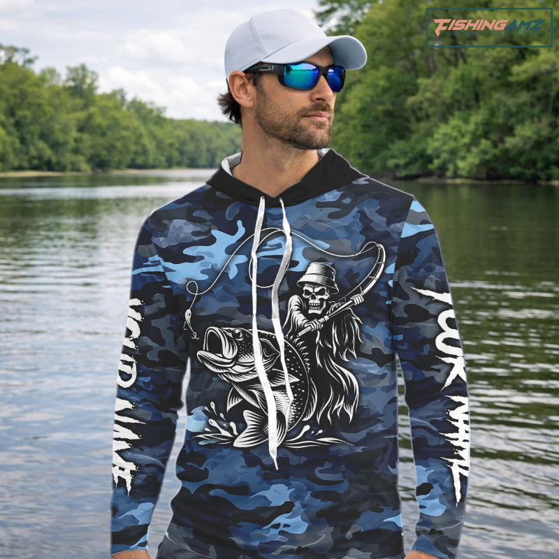 Reaper Fishing Largemouth Bass Long Sleeve Hooded Fishing Shirts Blue Camo, Camo Fishing Shirt NBT391