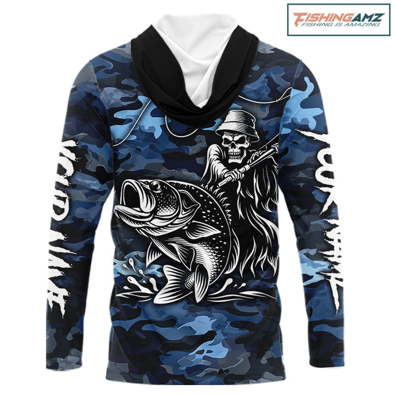 Reaper Fishing Largemouth Bass Long Sleeve Hooded Fishing Shirts Blue Camo, Camo Fishing Shirt NBT391