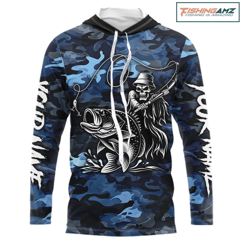 Reaper Fishing Largemouth Bass Long Sleeve Hooded Fishing Shirts Blue Camo, Camo Fishing Shirt NBT391
