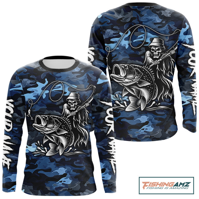 Reaper Fishing Largemouth Bass Long Sleeve Fishing Shirts Blue Camo, Camo Fishing Shirt NBT391