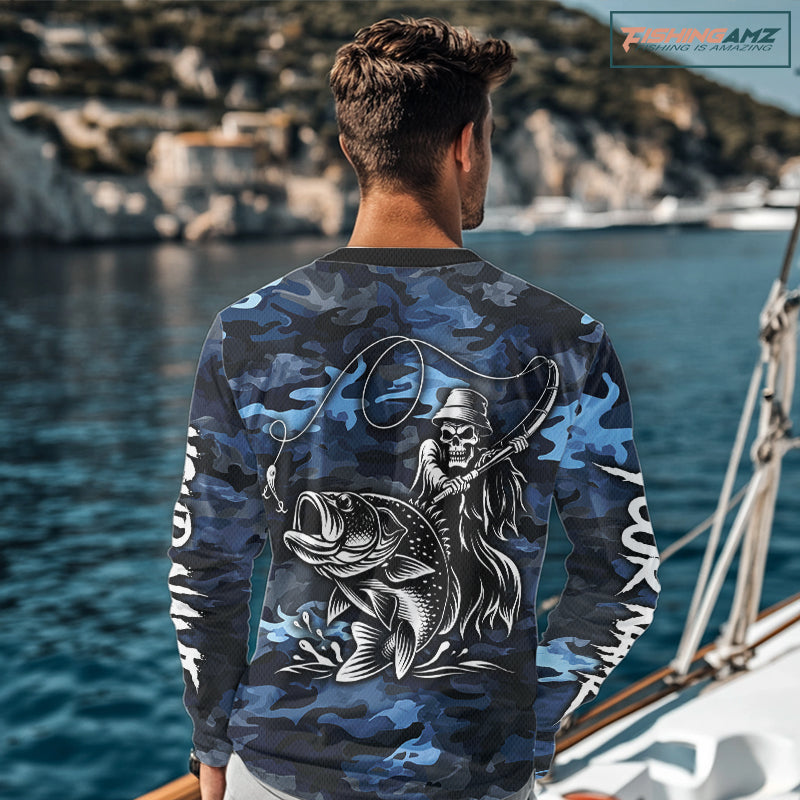 Reaper Fishing Largemouth Bass Long Sleeve Fishing Shirts Blue Camo, Camo Fishing Shirt NBT391