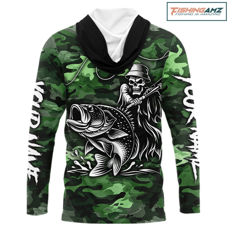 Reaper Fishing Largemouth Bass Long Sleeve Hooded Fishing Shirts Green Camo, Camo Fishing Shirt NBT392
