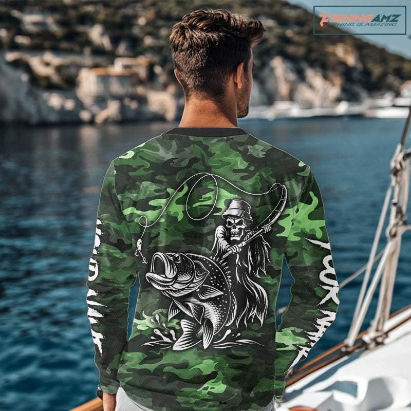 Reaper Fishing Largemouth Bass Long Sleeve Fishing Shirts Green Camo, Camo Fishing Shirt NBT392