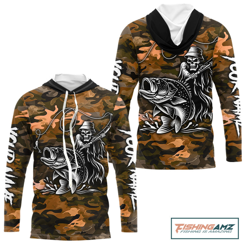 Reaper Fishing Largemouth Bass Long Sleeve Hooded Fishing Shirts Orange Camo, Camo Fishing Shirt NBT393