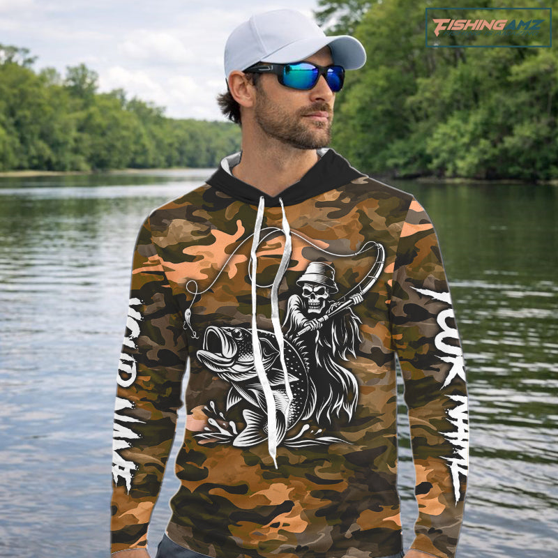Reaper Fishing Largemouth Bass Long Sleeve Hooded Fishing Shirts Orange Camo, Camo Fishing Shirt NBT393