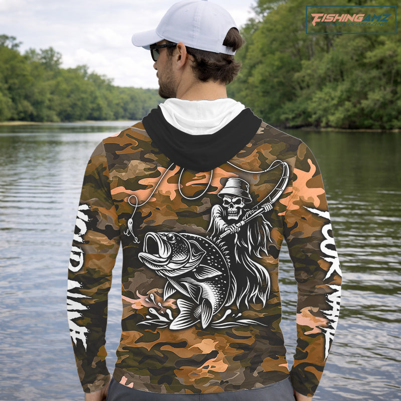Reaper Fishing Largemouth Bass Long Sleeve Hooded Fishing Shirts Orange Camo, Camo Fishing Shirt NBT393