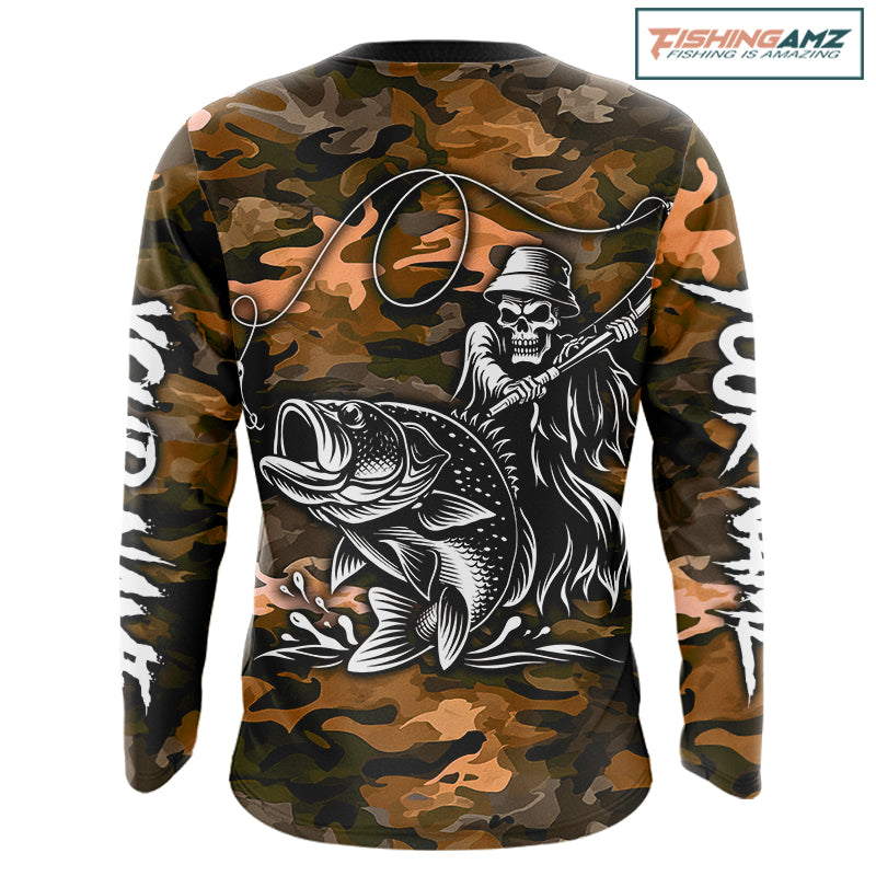 Reaper Fishing Largemouth Bass Long Sleeve Fishing Shirts Orange Camo, Camo Fishing Shirt NBT393