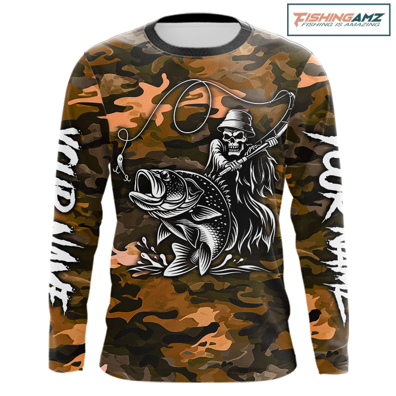 Reaper Fishing Largemouth Bass Long Sleeve Fishing Shirts Orange Camo, Camo Fishing Shirt NBT393