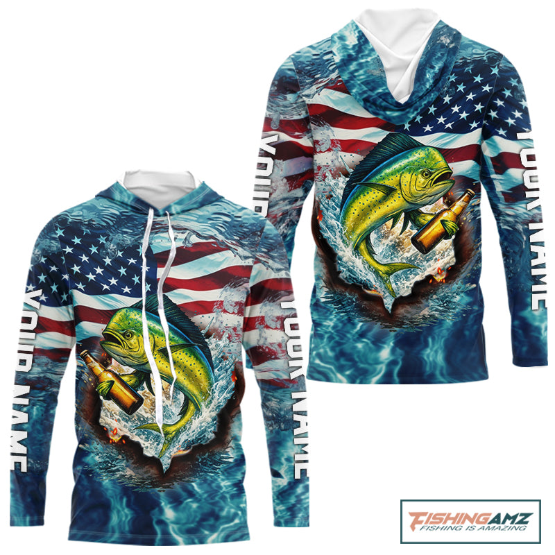 American Flag Mahi Mahi (Dorado) Fishing Custom Name Blue Water Camo Long Sleeve Hooded Fishing Shirt NBT689