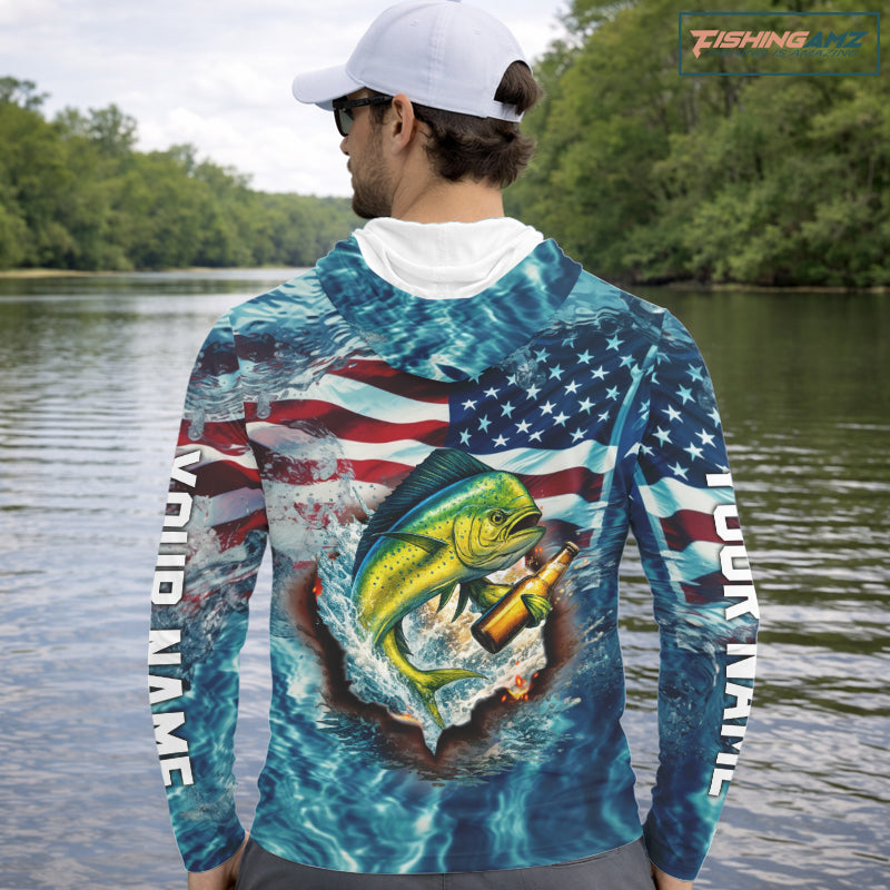 American Flag Mahi Mahi (Dorado) Fishing Custom Name Blue Water Camo Long Sleeve Hooded Fishing Shirt NBT689