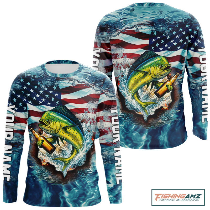 American Flag Mahi Mahi (Dorado) Fishing Custom Name Blue Water Camo Long Sleeve Fishing Shirt NBT689