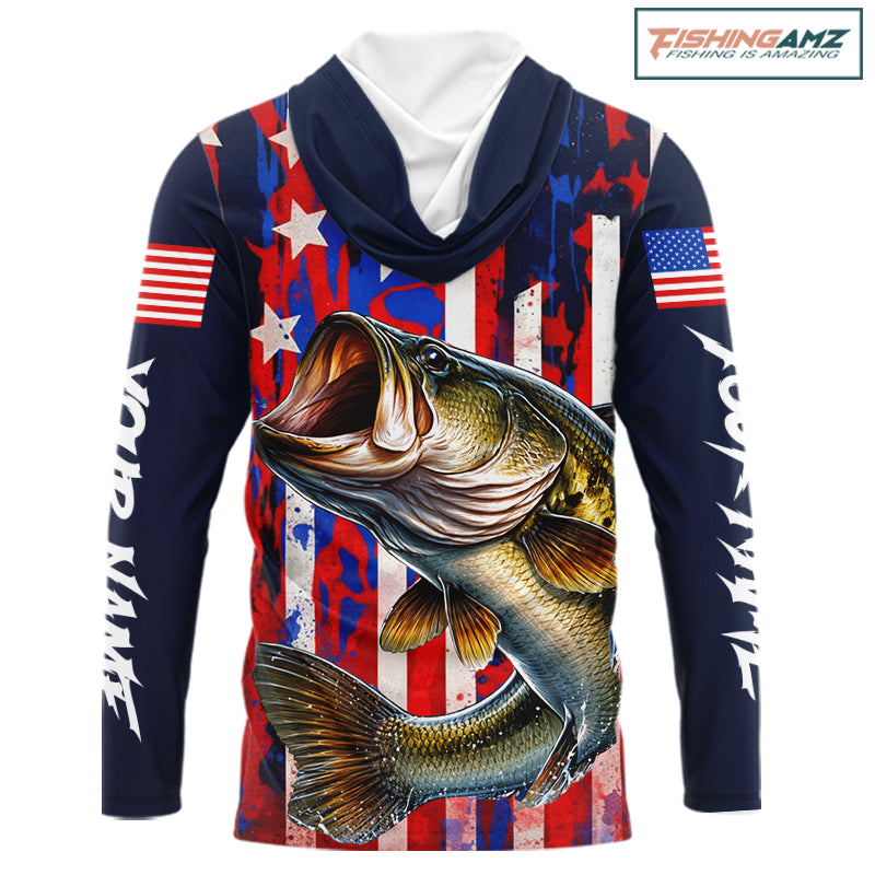 American Flag Bass Long Sleeve Hooded Fishing Shirts, Bass Fishing Tournament Shirts, Bass Fishing Shirts NBT432